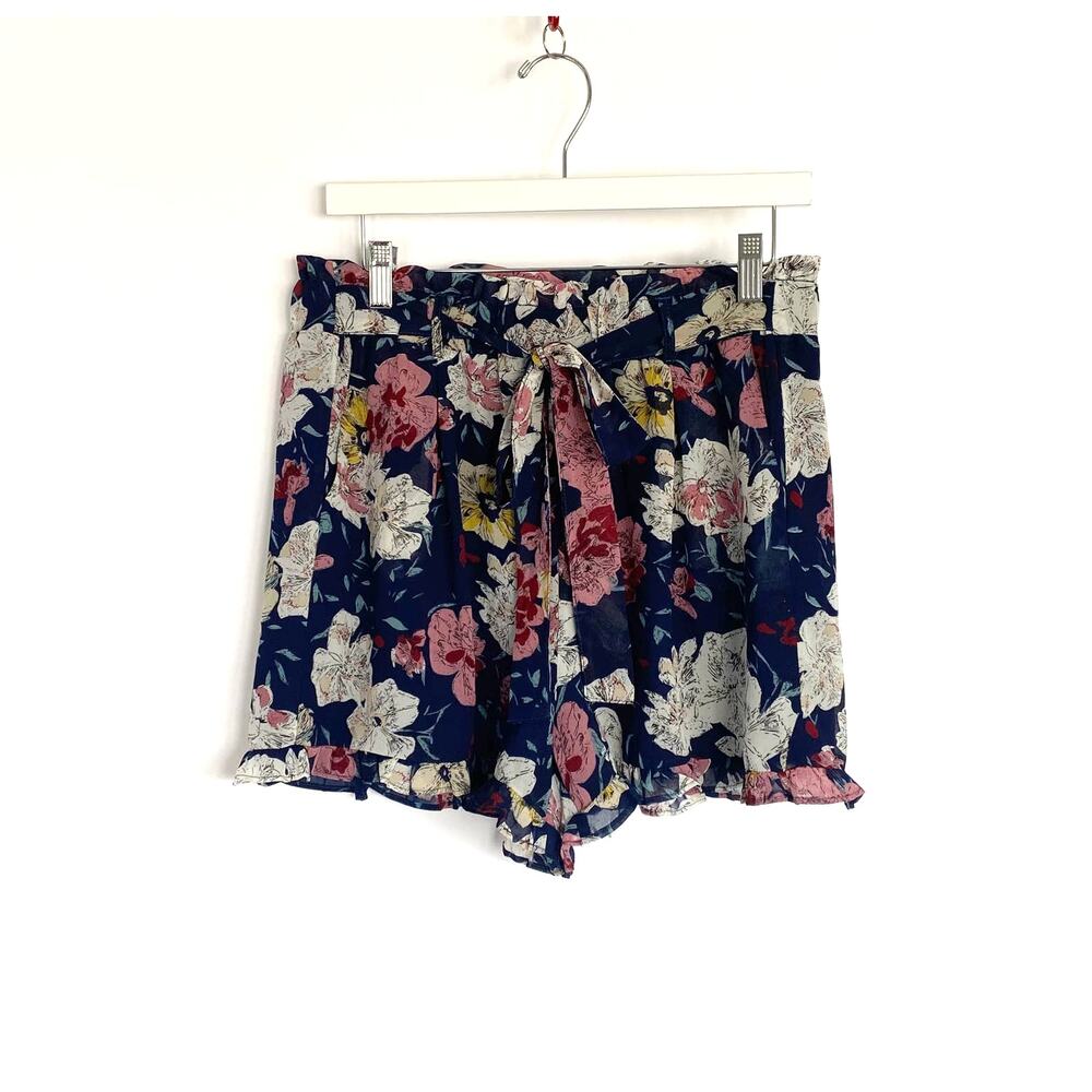 Love Floral Shorts Womens Large Floral Ruffled Hem/Waist Tie Front‎ Lined